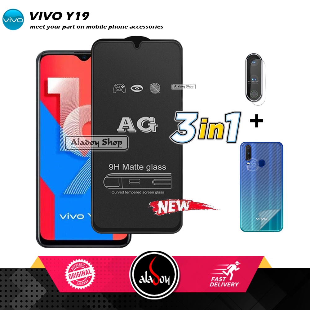 Paket 3IN1 Tempered Glass Layar Matte Anti Glare VIVO Y19 Free Tempered Glass Camera dan Skin Carbon