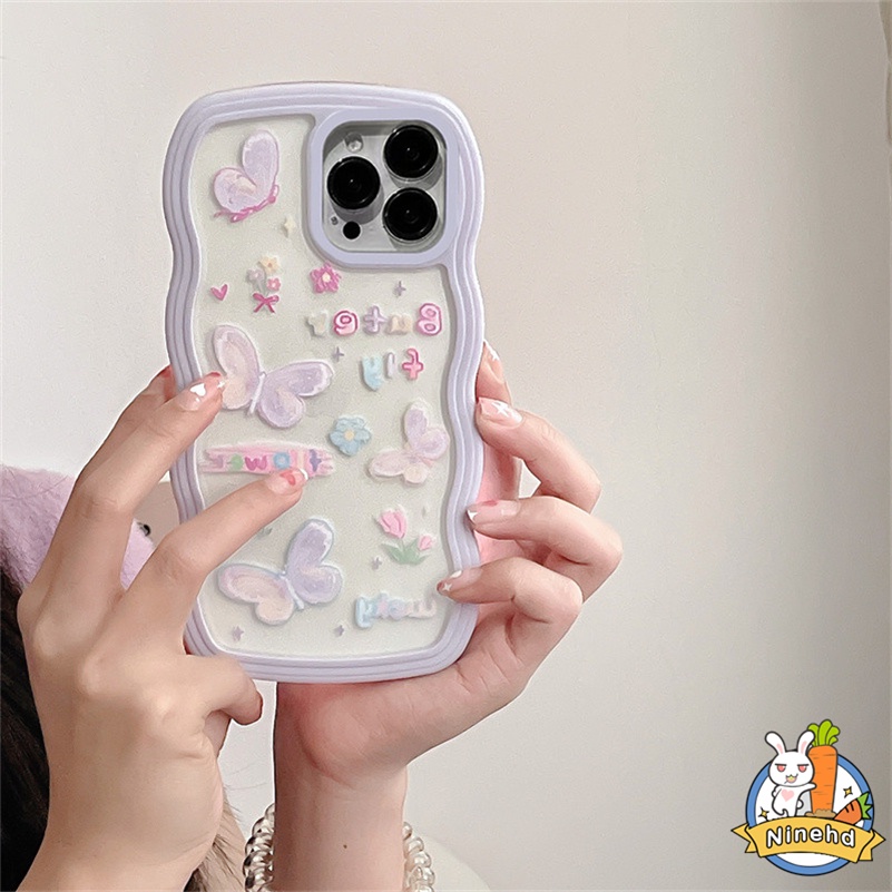 IPHONE Casing Kompatibel Untuk Iphone14 13 12 11 Pro Max X Xr Xs Max Iphone8 7 6 6s Plus Casing Ponsel Kupu-Kupu Ungu Populer Bingkai Bergelombang Silikon Bening Anti-Jatuh Soft Case Cover Pelindung