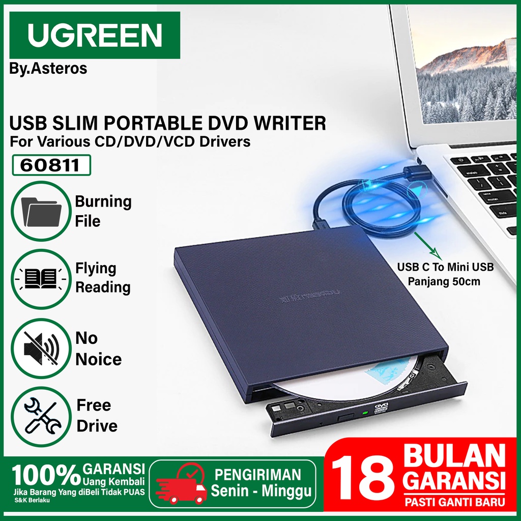Jual UGREEN CD ROM External DVD Drive Slim Portable Optical Writer For