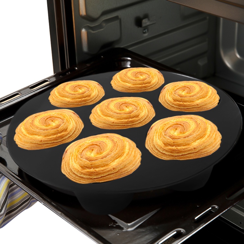 7per8inch Bulat Untuk Pastry Microwave Oven Baking Tray Non-stick Food Grade Silicone Pot Muffin Kue Cup Mold Baking Air Fryer Reusable 7lubang Alat Masak Oven Microwave Dapur