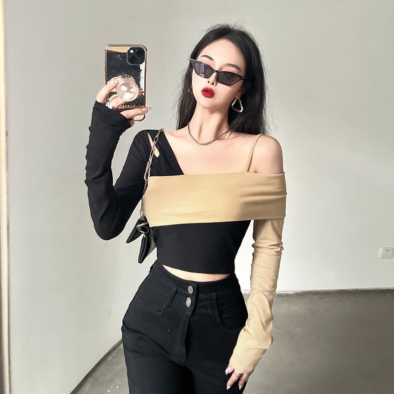 ¤◙Suhao Rapcopter Eropa dan Amerika hot girls hit warna asimetris off-shoulder T-shirt wanita lintas miring kerah slim fit dan atasan all-match tipis