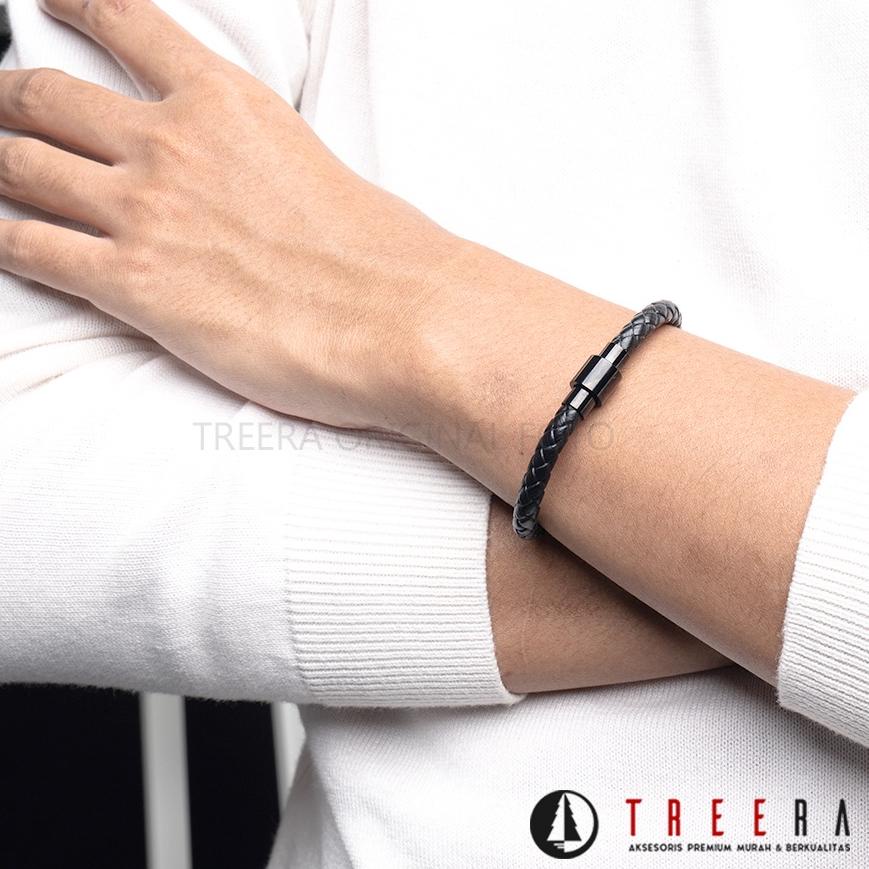 Serba Hemat Treera - Gelang Kulit Pria Hitam Magnetic Lock Emas Hitam Original