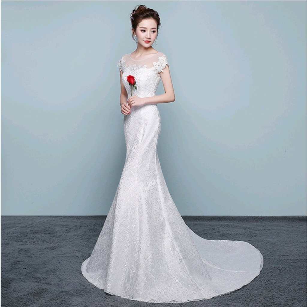 Putih Fishtail / Gaun pengantin Renda Slim Mermaid Panjang / Gaun Pesta Pernikahan