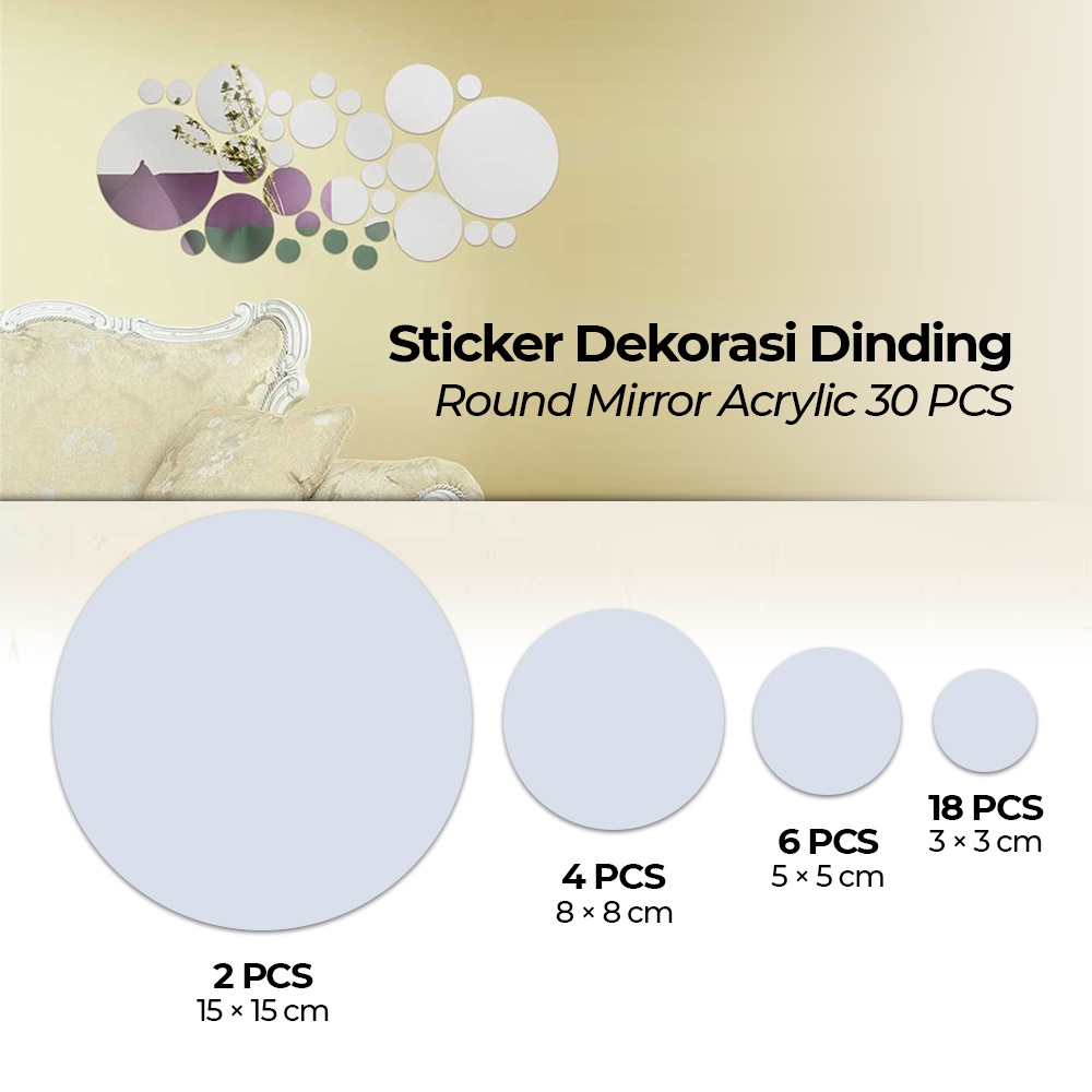 Sticker Dekorasi Dinding Round Mirror Acrylic 30 PCS - SL03 - 7RHX9CSV Silver