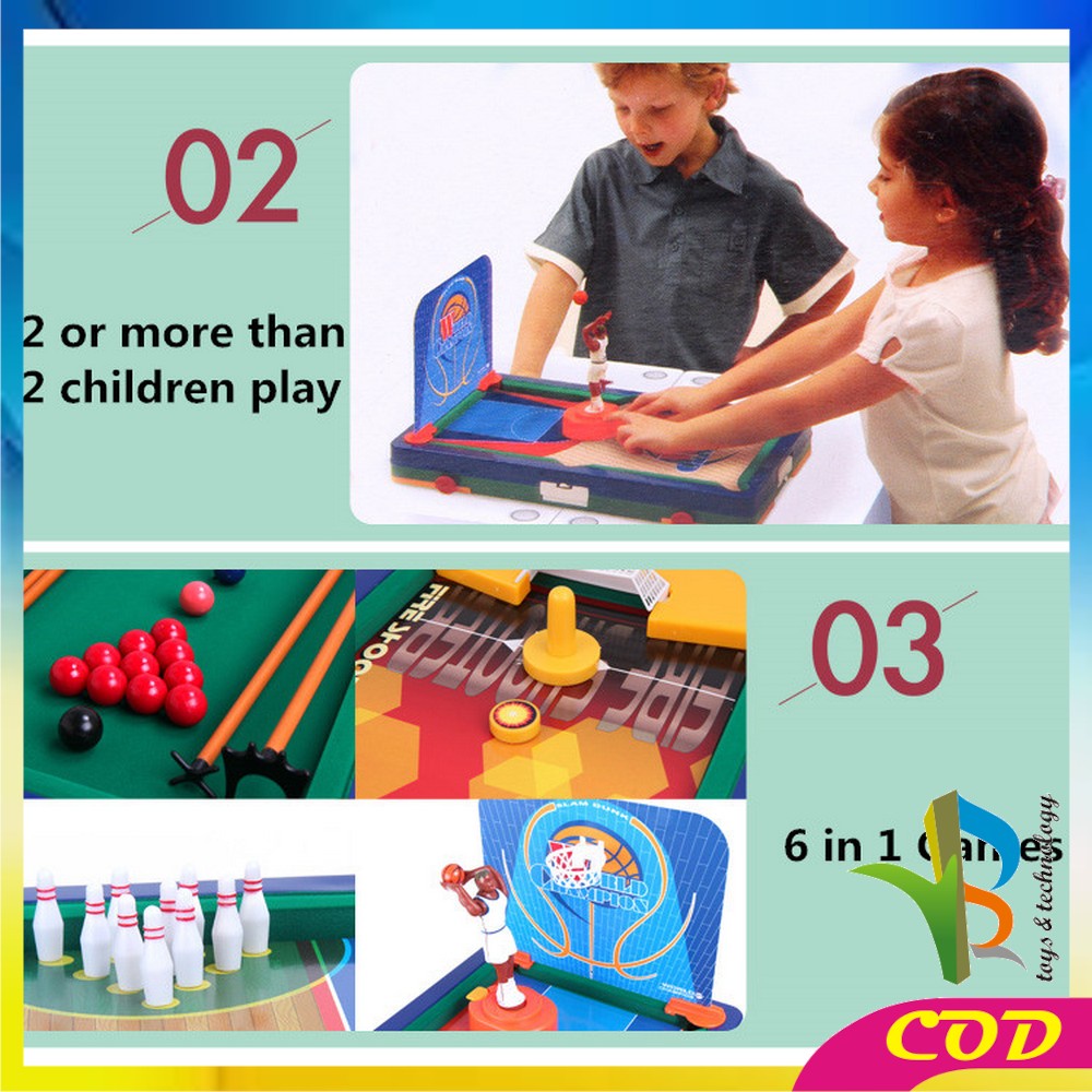 RB-M54 Mainan Anak Laki Laki Game Meja Billiard Multifungsi 6in1 Bola Kaki Bowling Bola Basket Golf