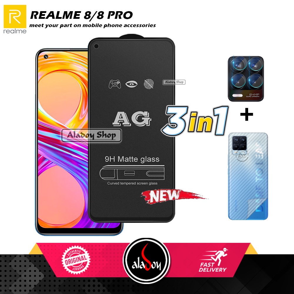 Paket 3IN1 Tempered Glass Layar Matte Anti Glare Realme 8/8 Pro  Free Tempered Glass Camera dan Skin Carbon