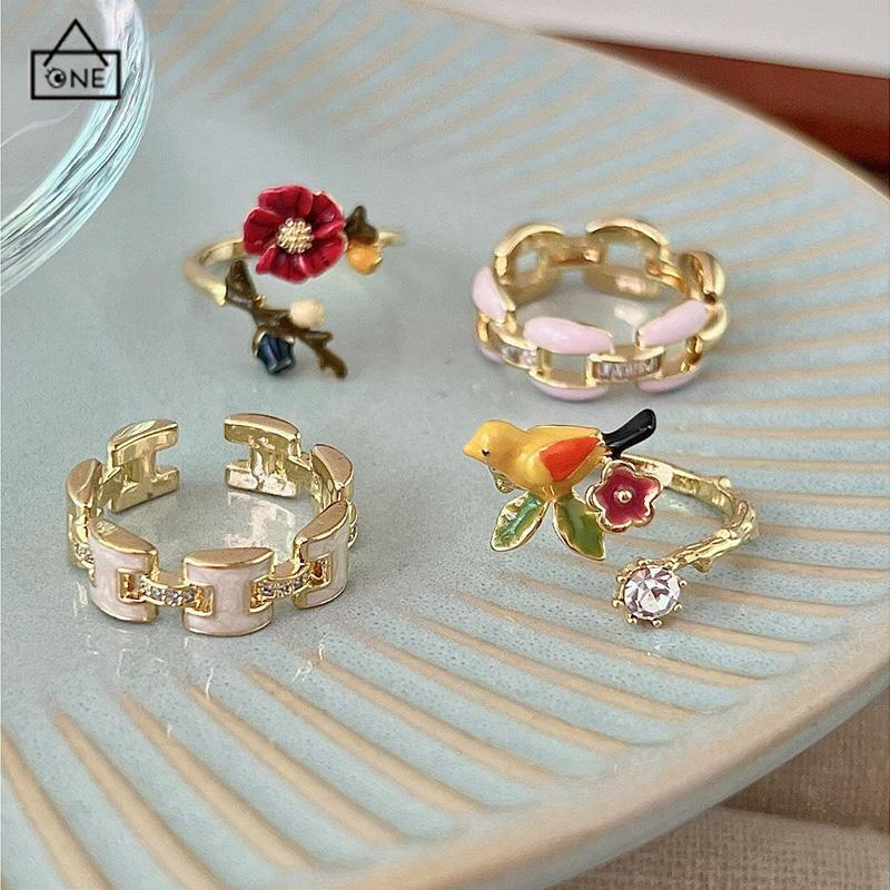 COD❤️Cincin Model Terbuka Bahan Alloy Desain Bungaburung Hias Berlian Imitasi Untuk Wanita Aksesori Cincin Serbaguna-A.one