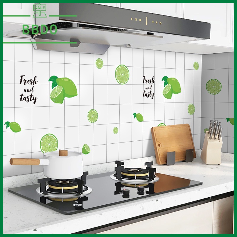 wallpaper dapur anti minyak dan panas 60 cm * 6 meter stiker dinding motif jeruk nipis hijau "fress &amp; tasty" stiker dapur