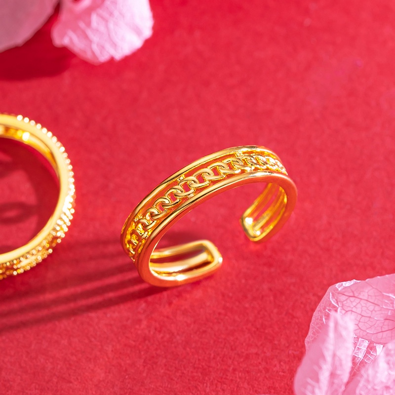 Goldkingdom Perhiasan Fashion Emas Asli Kadar 375 Bangkok Aksesoris Ready Stock Ins Four-leaf Clovers Interlocking Couples with Adjustable Rings Untuk Pria Dan Wanita