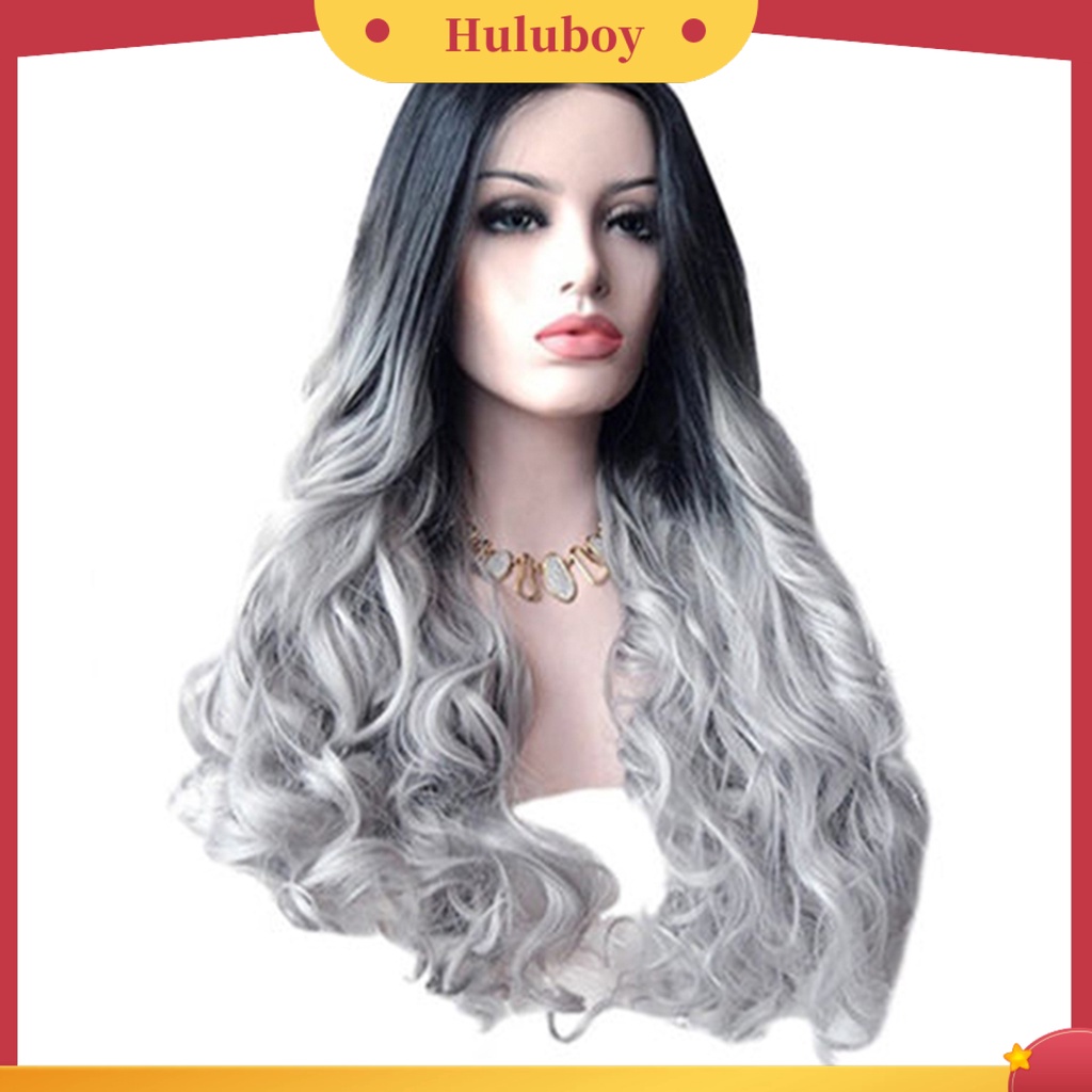 Wig Rambut Keriting Panjang Warna Gradasi Silver Abu-Abu Adjustable Untuk Makeup