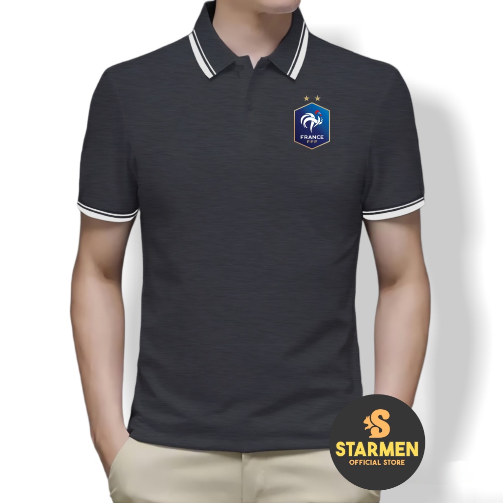 Kaos Polo Shirt Pria Kerah List Putih logo FRANCE