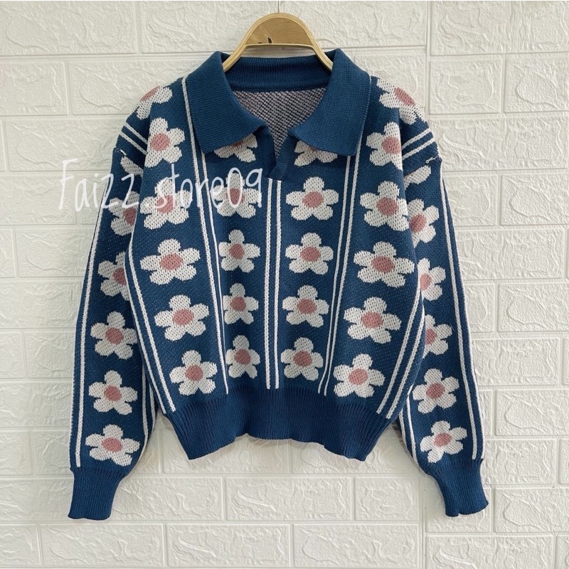 SWEATER RAJUT POLO KERAH RAGNES MOTIF BUNGA WANITA