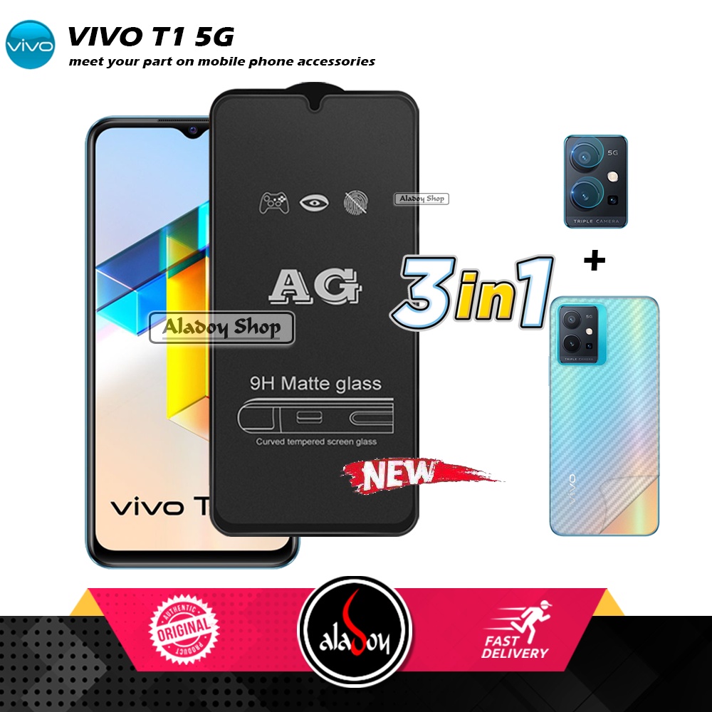 Paket 3IN1 Tempered Glass Layar Matte Anti Glare VIVO T1 5G Free Tempered Glass Camera dan Skin Carbon