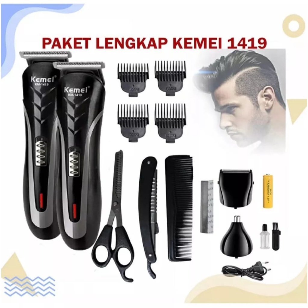 Alat Cukur Rambut, Kumis dan Jenggot Elektrik Hair Clipper 3 in 1 Kemei KM 1419-Cukuran Rambut Alat Potong Rambut Kumis Jenggot Bulu Hidung Charger 1 Set Kemei 1419 Elektrik Portable