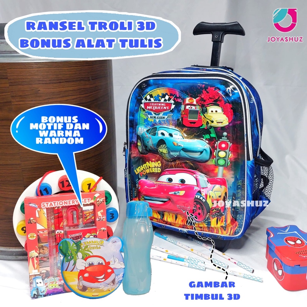 Tas Troli Anak Laki Laki Karakter Cars Gratis Bonus - Ransel Anak Laki-laki - Ransel Troli Anak TK - Troli Ultraman 3D - Tas Gratis Botol -  Tas Sekolah Anak Troli - Ultraman Cars - Tas Dorong Cars - Joyashuz