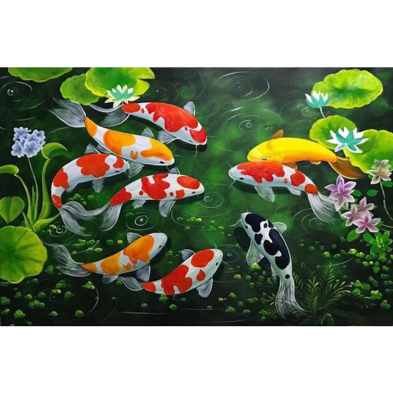 hiasan dinding gambar ikan koi plus bingkai