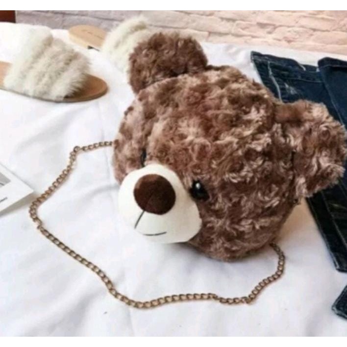 Tas Bulu Selempang TEDDY BEAR Tas Boneka Kepala teddy bear ALA KOREA TAS SEKOLAH LUCU TAS PEREMPUAN TAS HP