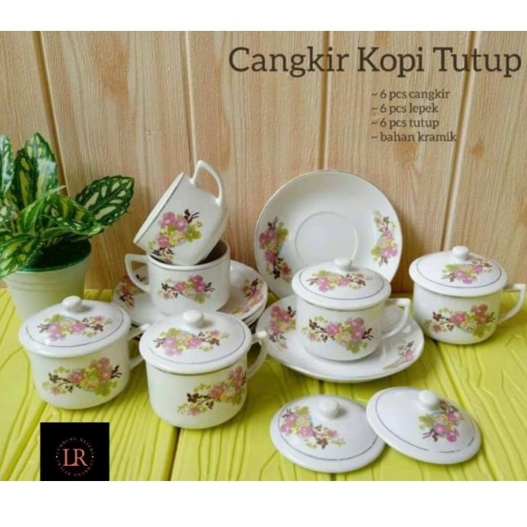 ➦ Cangkir Kopi Jadul Plus Tutup/ Cangkir keramik Jadul / Cangkir Kopi Keramik Clasic Vintage/ Cangki