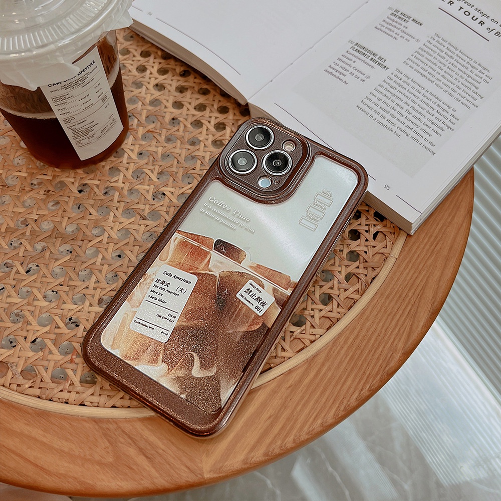 IPHONE Es Americano Kopi Transparan Pinggiran Coklat Phone Case Cover Untuk Iphone7 8 PLUS X XR XS 11 12 13 14 MINI PRO MAX Se2020