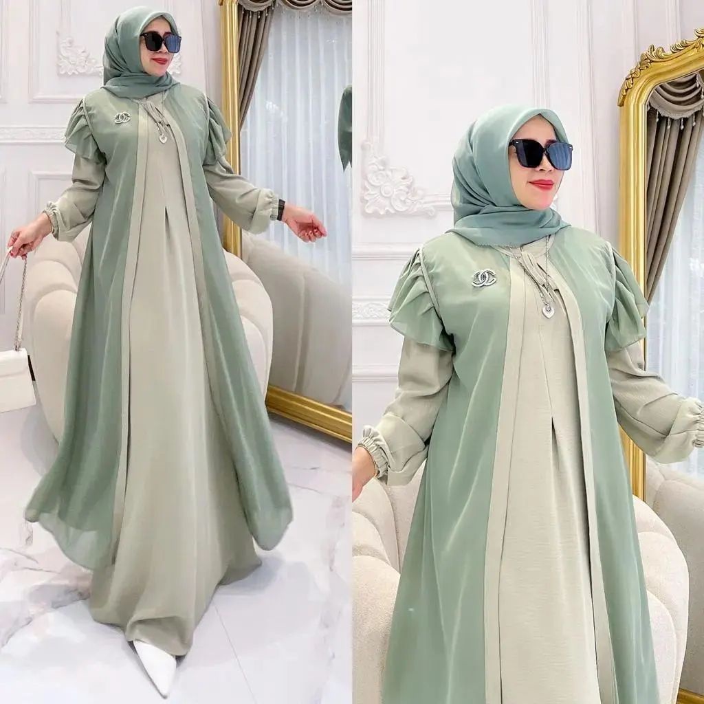 Gamis syari karin dres bahan crinkle mix ceruty baby doll premium full furing / busui / resleting depan original