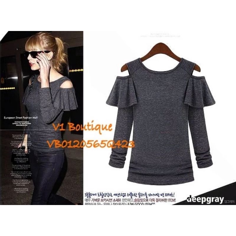 Shoulder Show Off Tops - Atasan Blouse - Grey