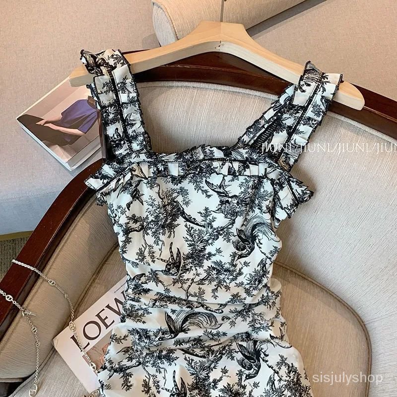 Gaun halter bunga segar hitam dan putih wanita yang indah dan indah gaya Prancis baru gaun fashion t