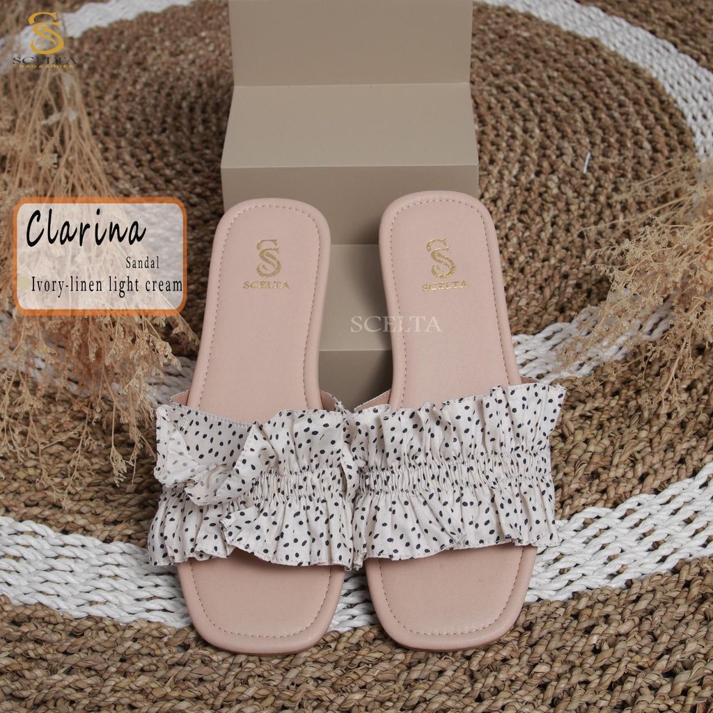 SCELTA - CLARINA IVORY LINEN SHOES | SANDAL WANITA IN LIGHT CREAM RINE BOW WIRA BLUE