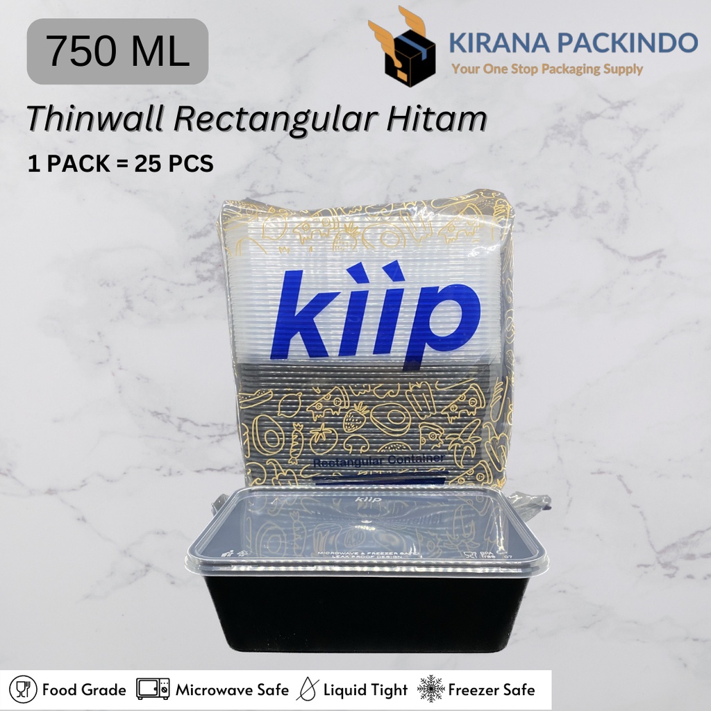 [DUS] Thinwall KIIP Rectangular (Persegi Panjang) Black 750ML Food Container Kotak Makan Hitam 750 m