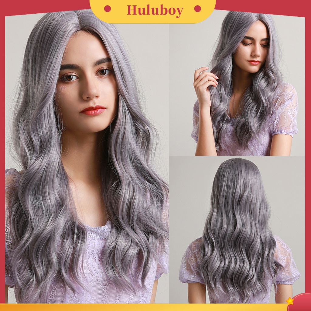Wig Cosplay Model Panjang Gelombang Warna Gradasi Ungu Ombre Campuran Dengan Lengan Mesh Untuk Wanita