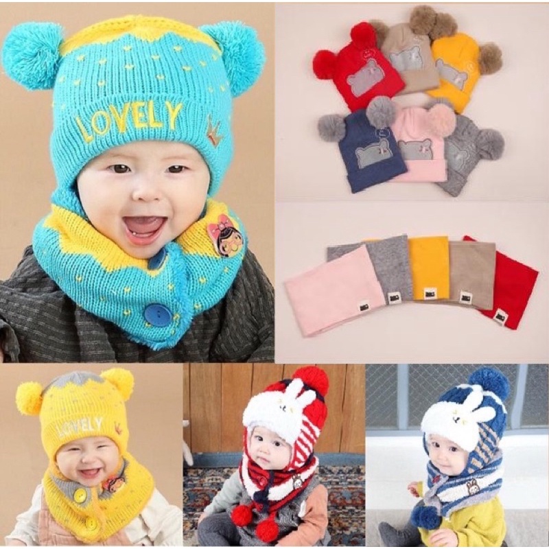 Topi Rajut dan Syal Anak Laki Laki Anak Perempuan Import Model White Rabbit dan Lovely Crown