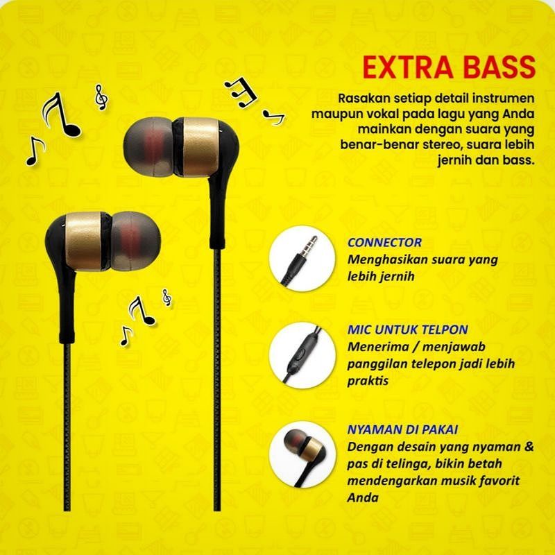 Headset Extra Bass Stereo Earphone Plus Microfon By Wellcomm H-M10