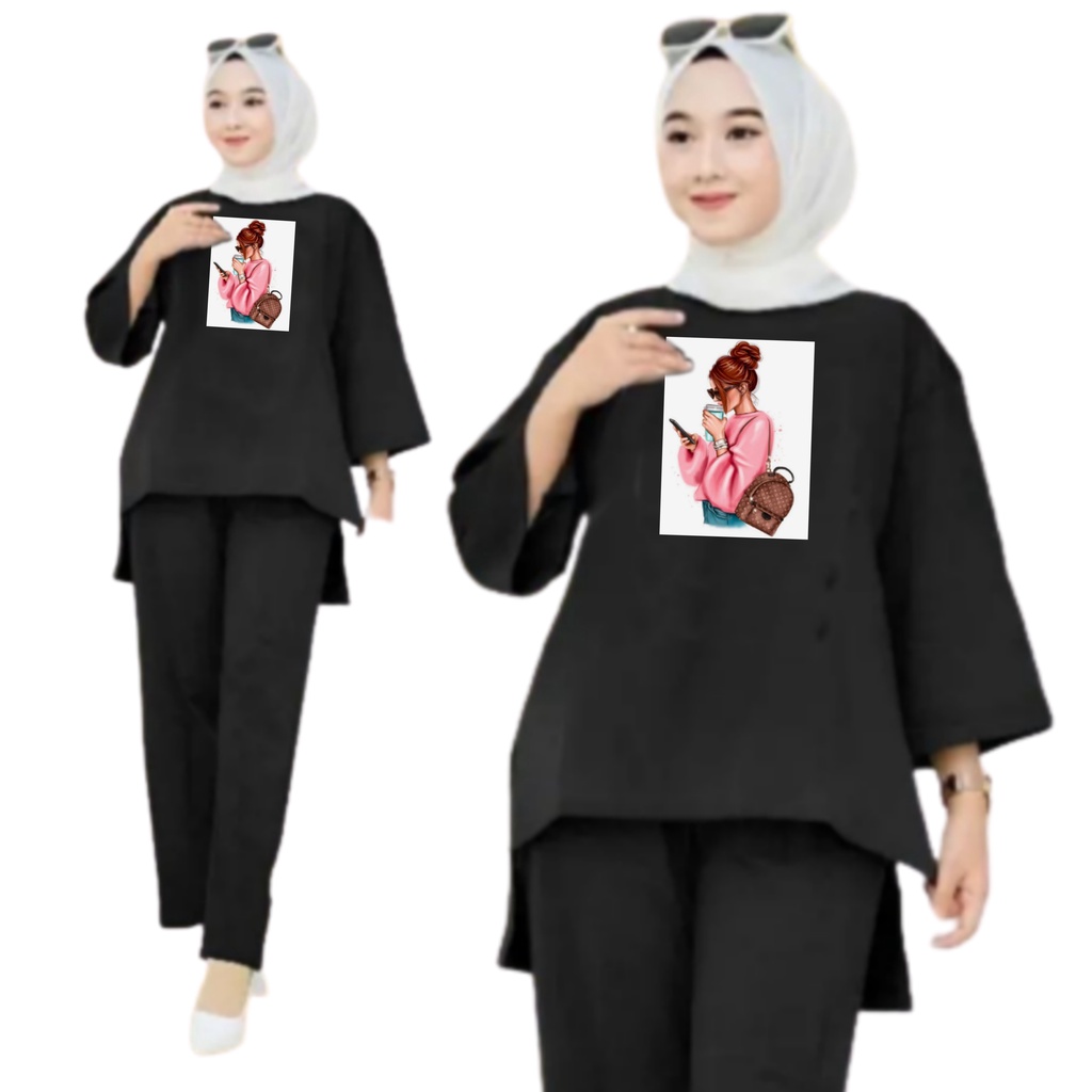 Setelan Kaos Wanita Dewasa Oversize Ld 130 cm Terbaru 2023 Viral Gambar DTF Bahan Kaos Babyterry Tangan 3/4 dan Celana Panjang One Set Wanita Dewasa Jumbo Kekinian Atasan Baju Wanita Dewasa Big Size Stelan Baju Wanita Santai Cewek MINUM KOPI