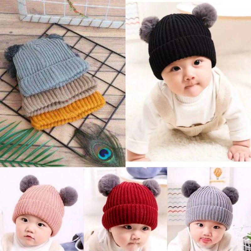 [rumahbayipdg] Topi Kupluk bayi pom pom lucu bahan rajut polos