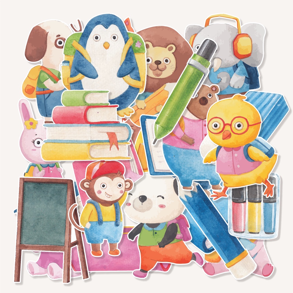 

( 50 pcs ) scrapbook random/label stiker satuan/murah SCHOOL ANIMAL-watercolor/murah