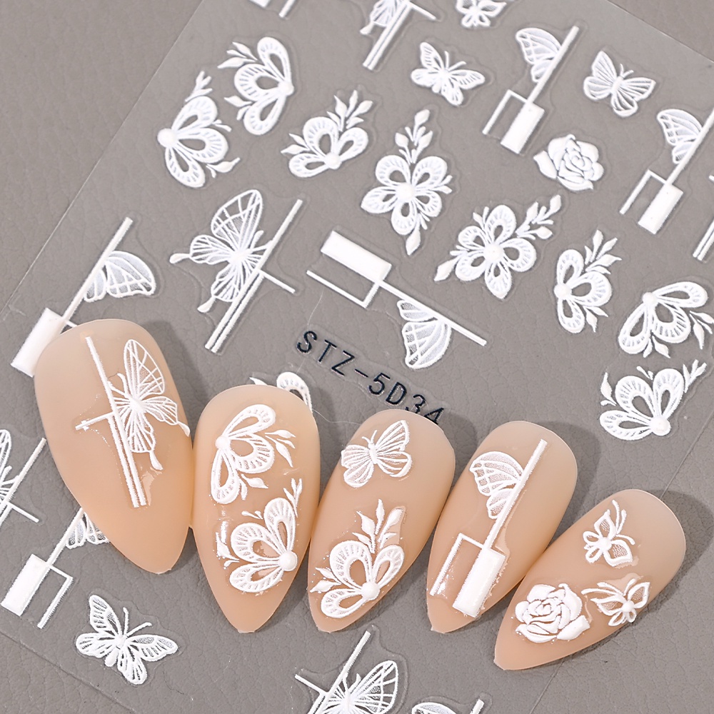 5d Bunga Putih Stiker Kuku Desain Pernikahan Sederhana Salju Timbul Perekat Diri Manicure Slider DIY Kuku Decals Accesories