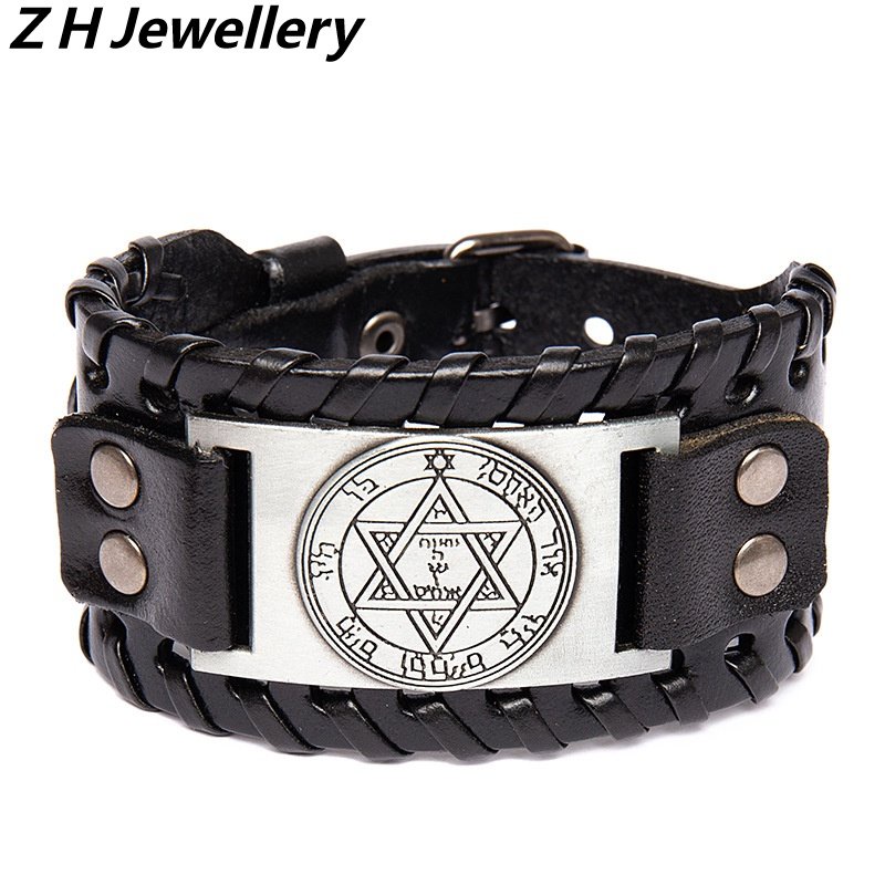 [Z H Perhiasan] Hip Hop Rock Retro Pria Fashion Stainless Steel Viking Hexagonal Rune Gelang Kulit Pesta Perhiasan Aksesoris