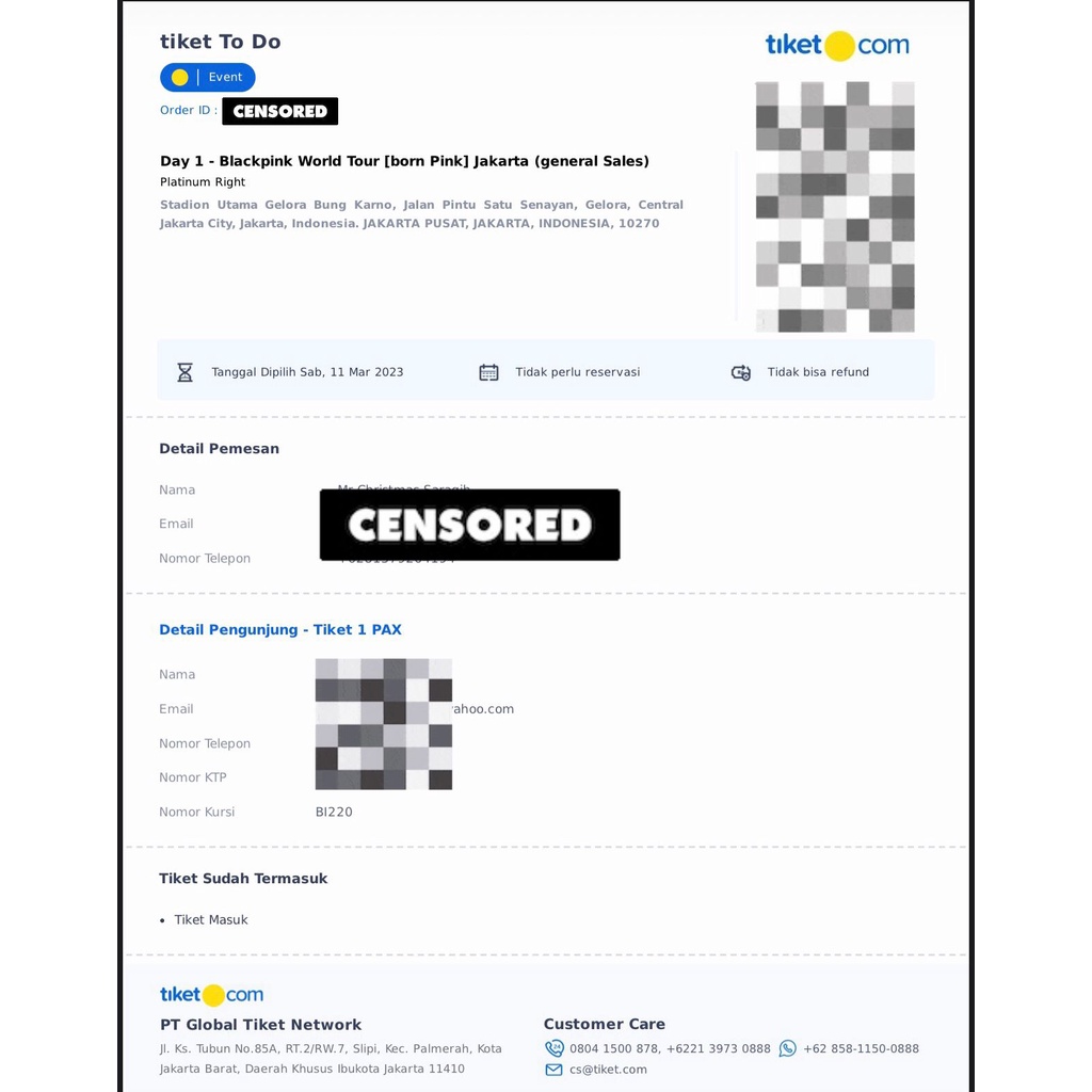 Tiket Blackpink Bornpink Jakarta Platinum Right Seat BI-220 & BI-221