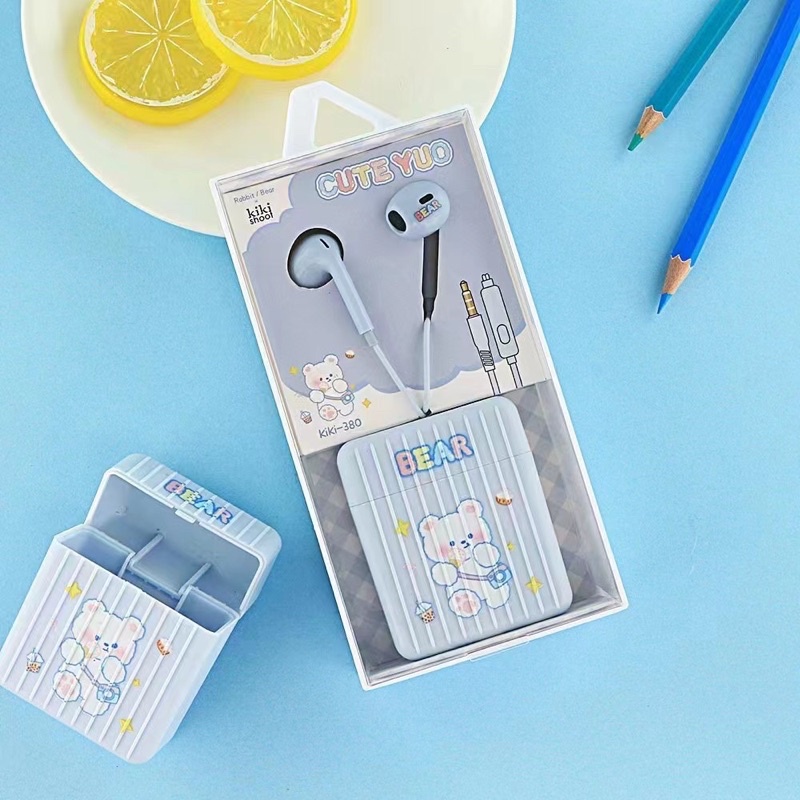 [ KI 380 ] Set Headset Earphone karakter seri RABBIT BEAR / + Wadah penyimpanan Earphone Motif in ear