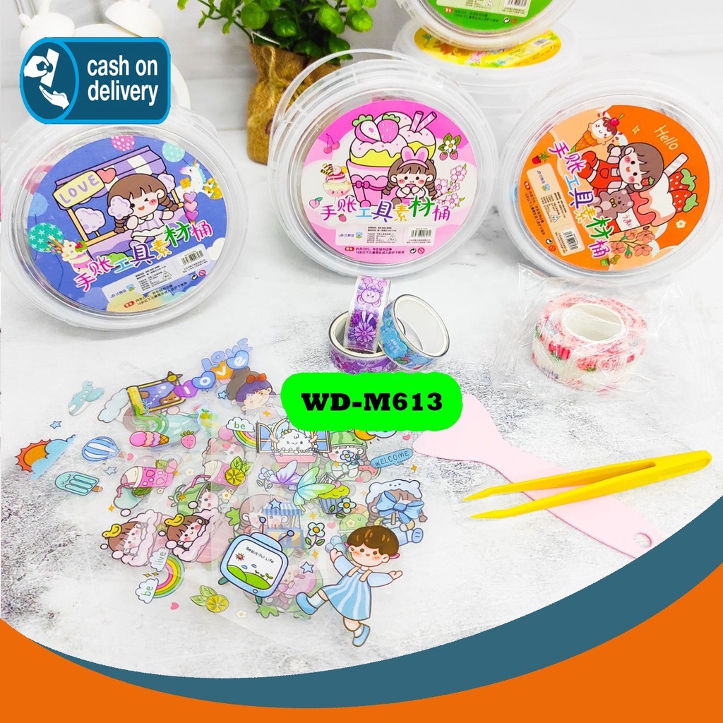 

1 BOX ALAT JURNALING SOLATIP WASHI TAPE STICKER SPATULA PINSET PELINDUNG JOURNAL (5 IN 1) KODE WD-M613 KARAKTER CEWE GAMBAR LUCU