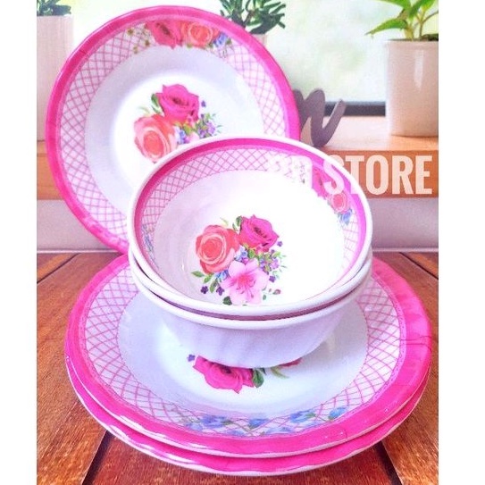 promo 3.pcs piring makan melamine ulir motif rose...