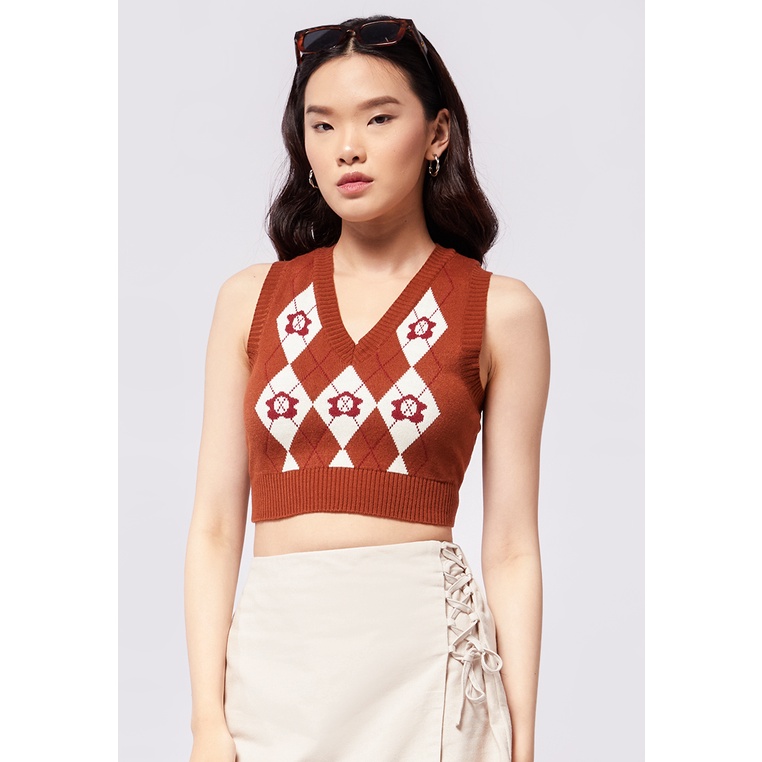 Colorbox Flower Argyle Crop Vest Brown