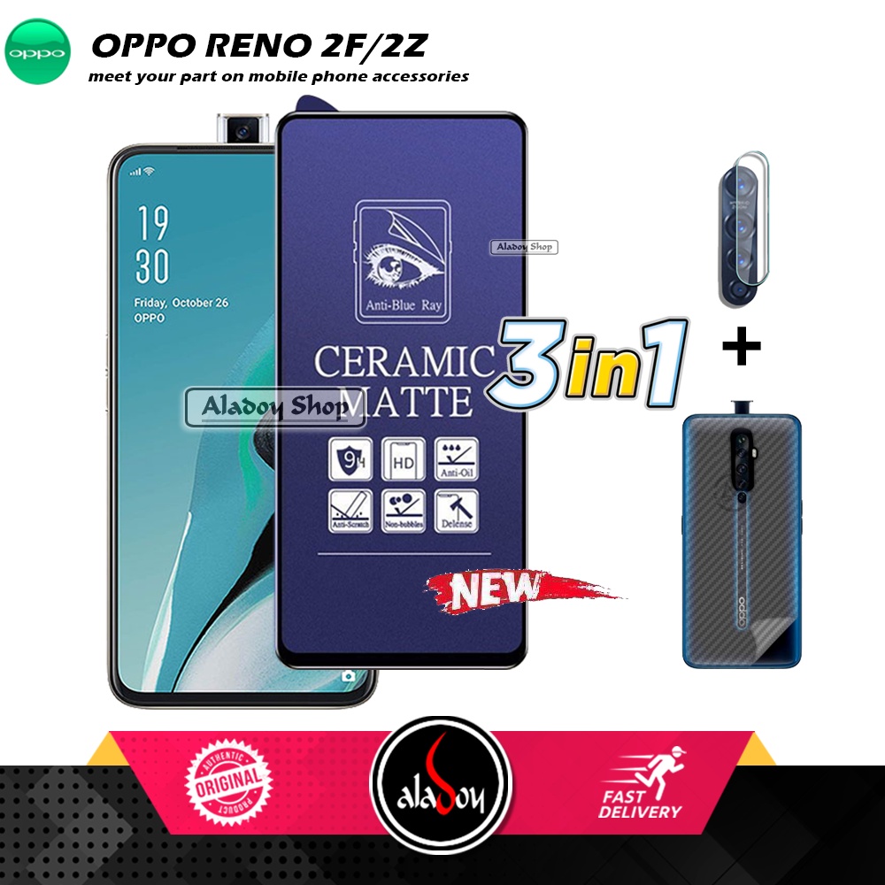 PAKET 3IN1 Anti Gores Blue Matte Anti Glare Oppo Reno 2F/2Z + Tempered Glass Camera dan Skin Carbon