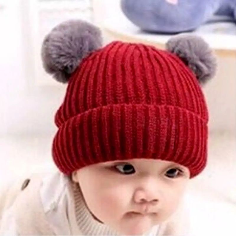 [rumahbayipdg] Topi Kupluk bayi pom pom lucu bahan rajut polos