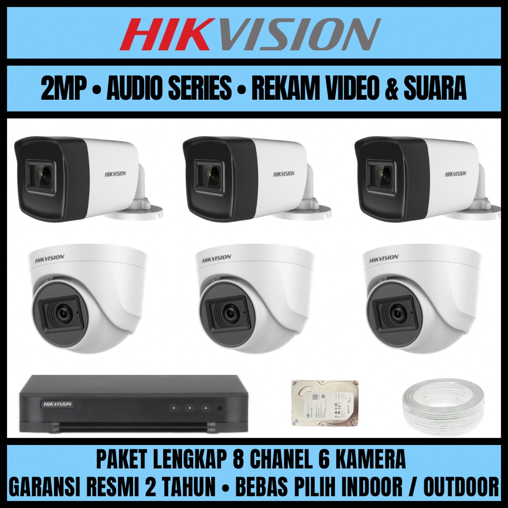 PAKET CCTV HIKVISION 2MP 8 CHANNEL 6 CAMERA KAMERA CCTV TURBO HD