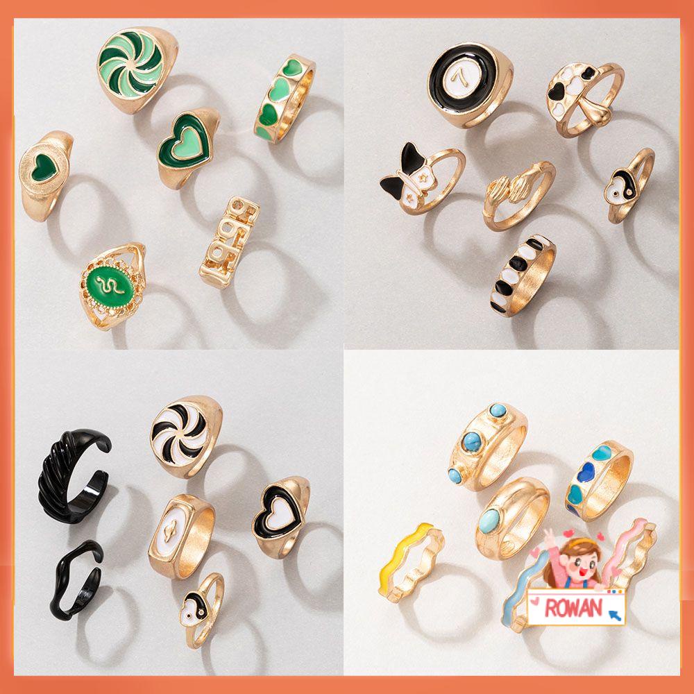 R-flower 6Pcs Opening Metal Ring Wanita Fashion Kesederhanaan Bunga Tai Chi Perhiasan Vintage Enamel Ring