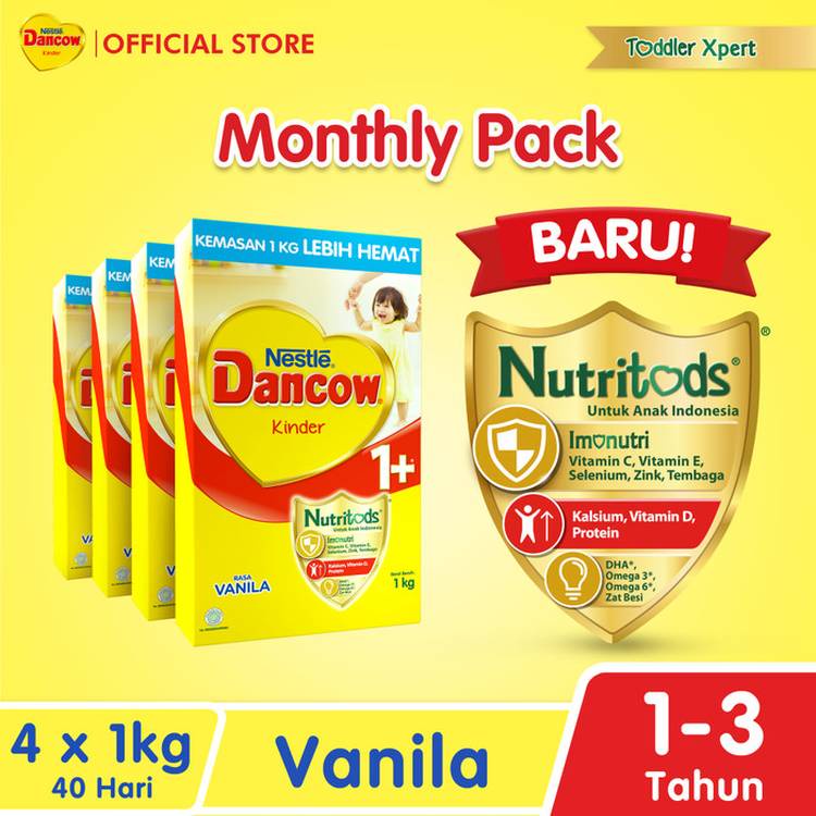 

Dancow Monthly Pack - Dancow 1+ Susu Pertumbuhan 1-3 Tahun Rasa Vanila Box Bundle 4 x 1Kg