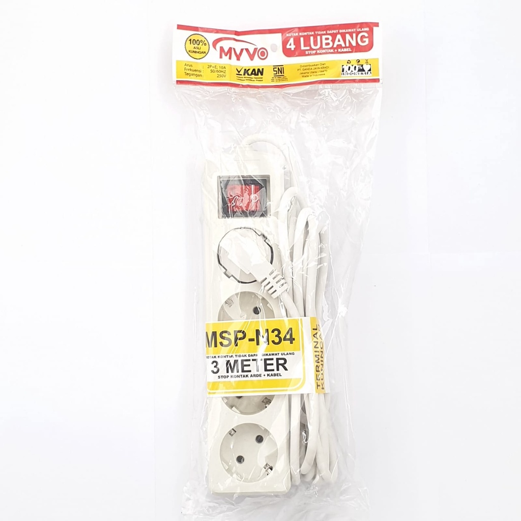 MSP-N34 3M 4L Myvo Stop Kontak Arde Saklar Lampu Kabel 3 Meter 4 Lubang / Colokan Listrik