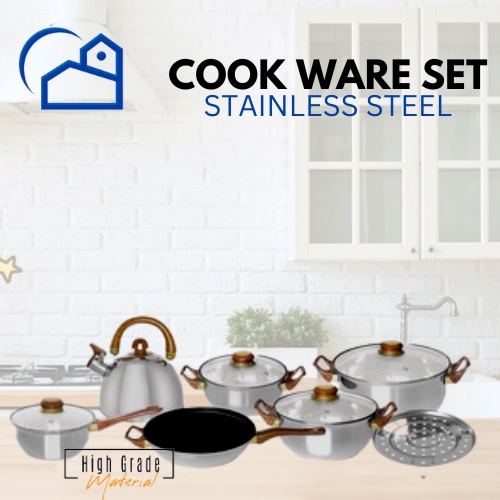 Panci Wajan Teko set 12pcs Stainless steel with tutup kaca merk 8212 8213