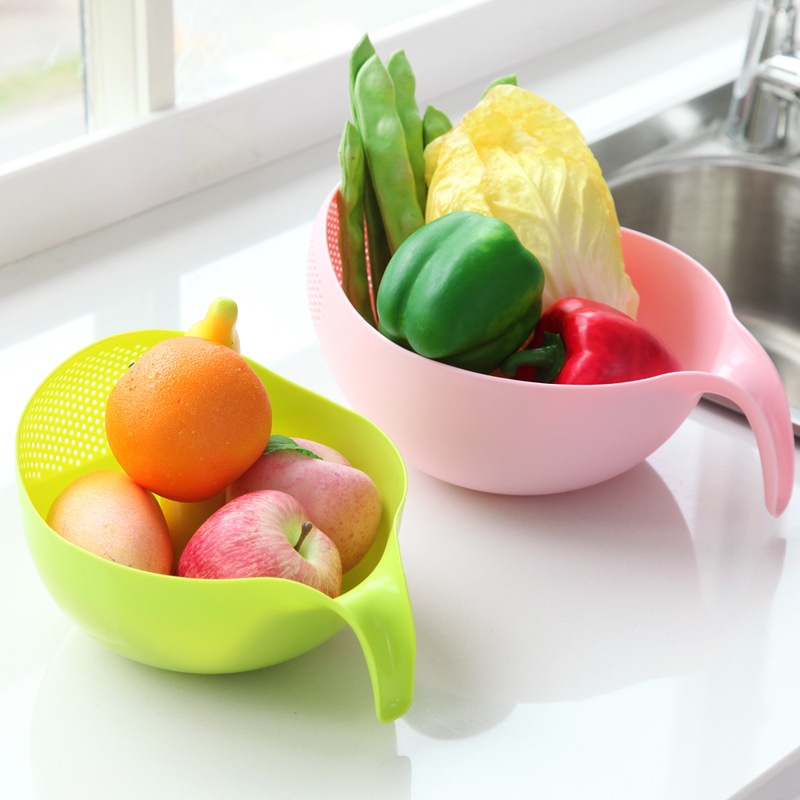 1pc Colander Saringan Beras Bahan Plastik Warna-Warni Dengan Gagang/Keranjang Saringan Cuci Buah Sayuran Gadget Dapur