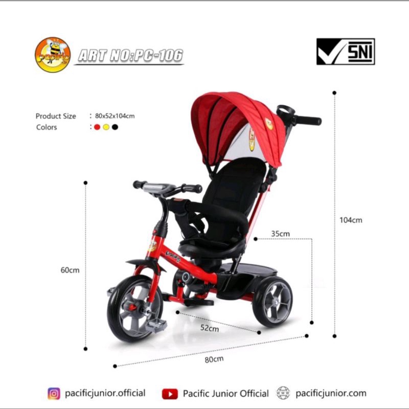 Sepeda Roda Tiga Anak Pacific PC 106 Kanopy Jok Putar